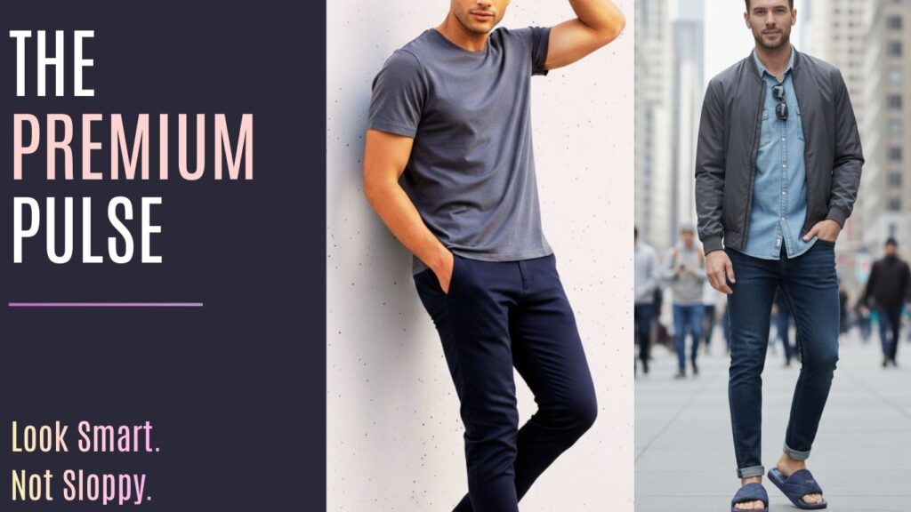 Man wearing smart casual outfit with men’s slippers for modern everyday style